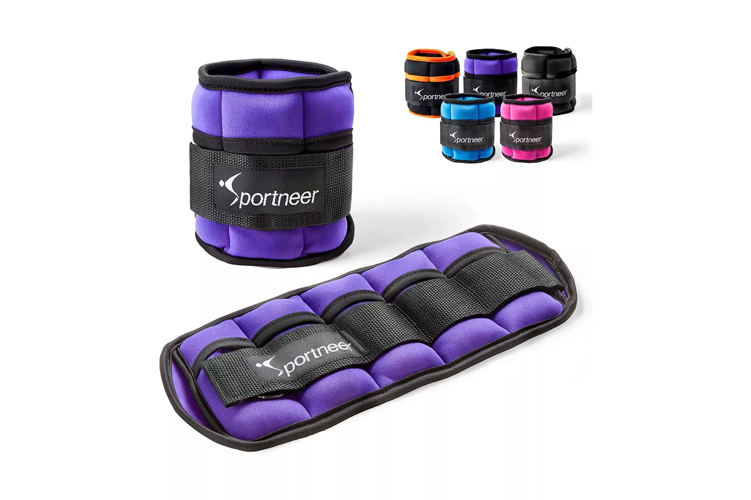 Purple Sportneer ankle weights displayed with multiple color options.