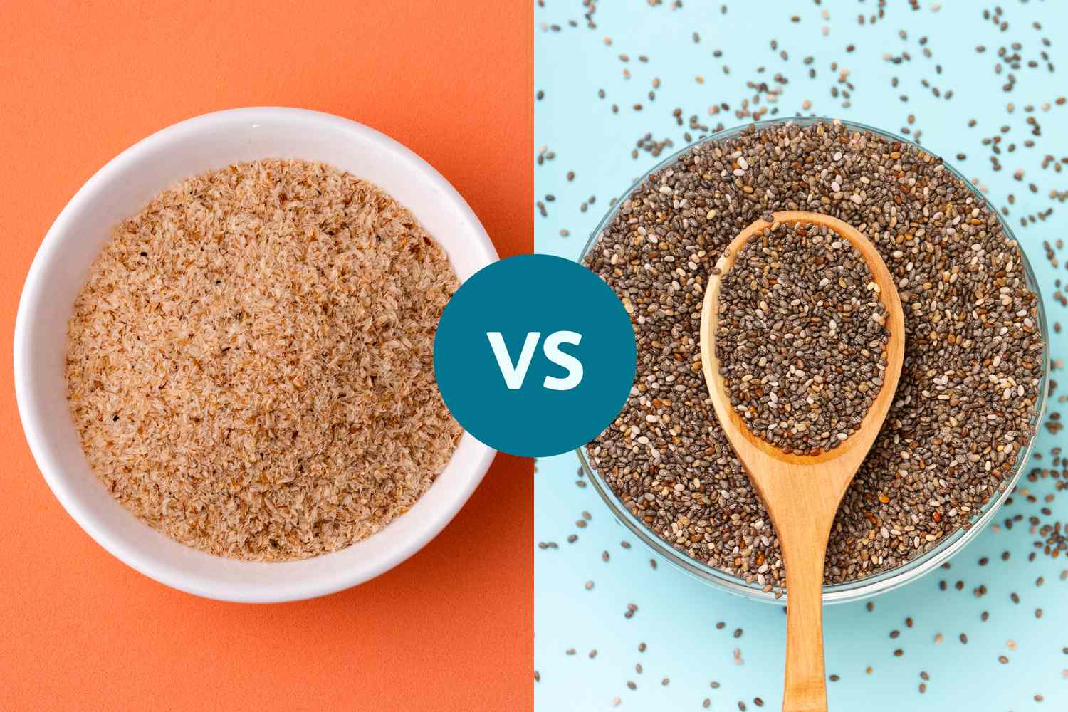 Split screen image showing psyllium husk on one side and chia seeds on the other.