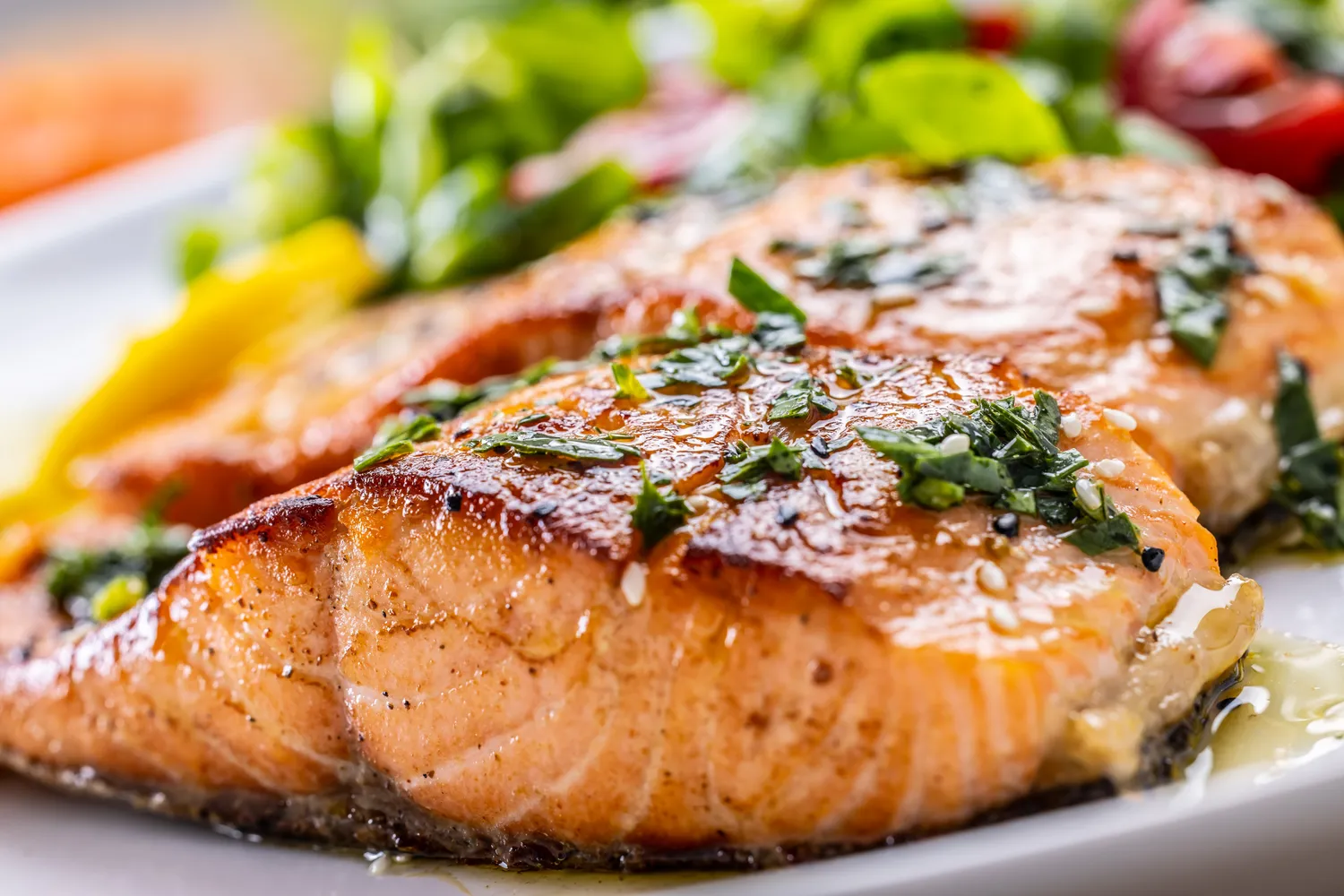 A seared salmon fillet served with a fresh green salad on a white plate.
