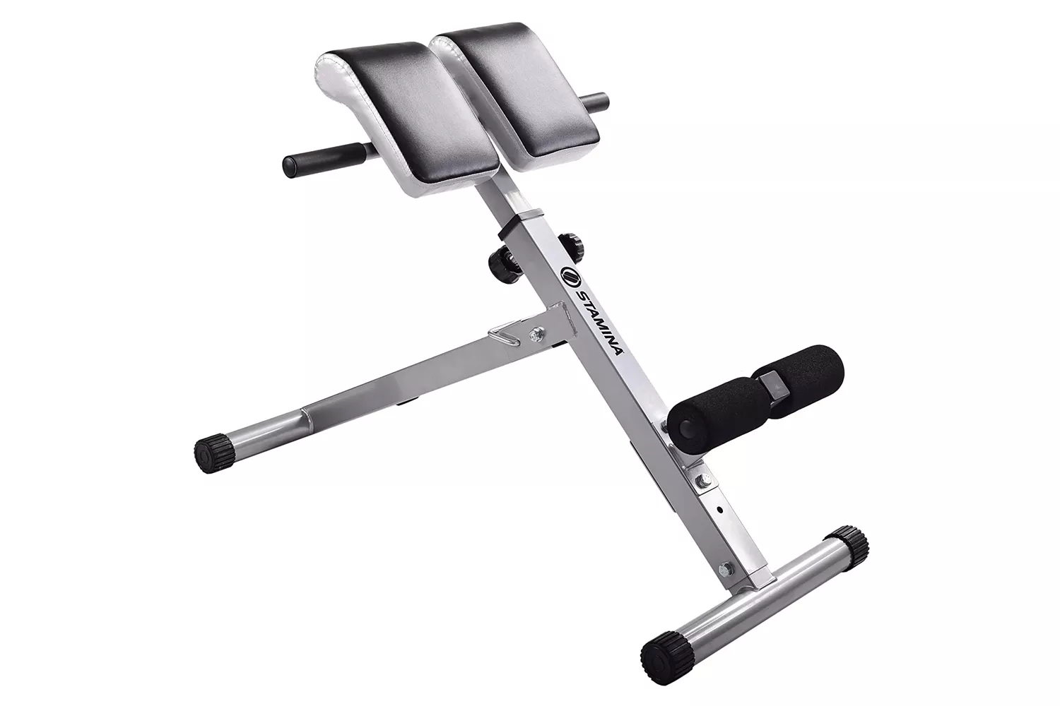 Stamina brand hyperextension bench with padded backrest and adjustable leg supports.