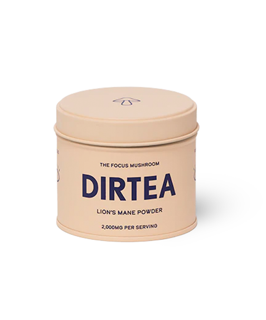 A container of DIRTEA Lion’s Mane functional mushroom powder.