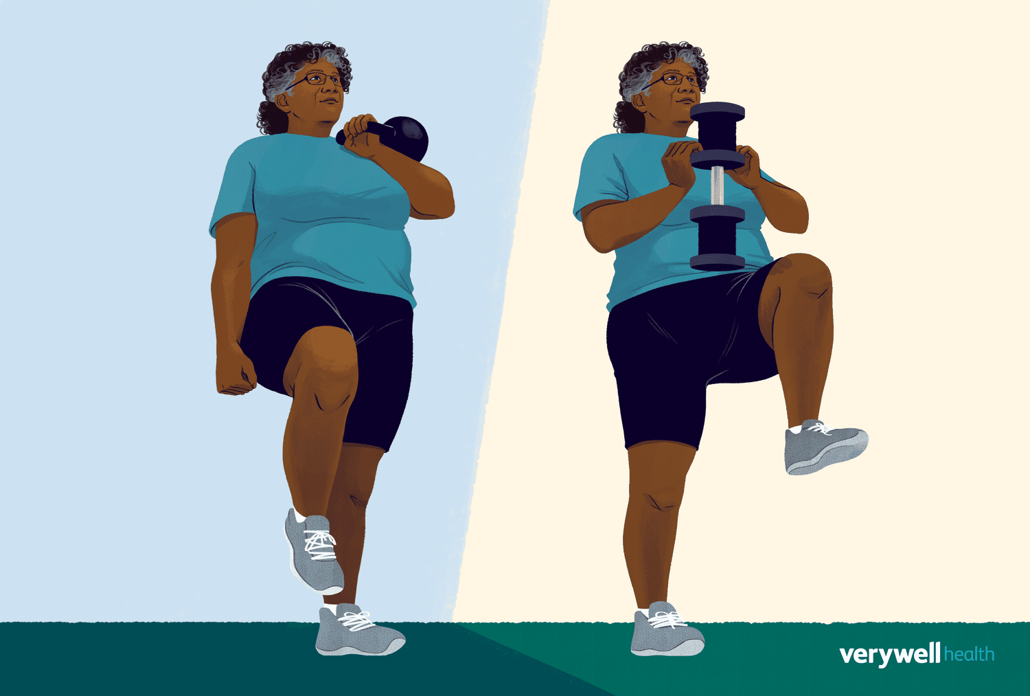 An illustration showing the correct posture and leg alignment for performing weighted high knees.