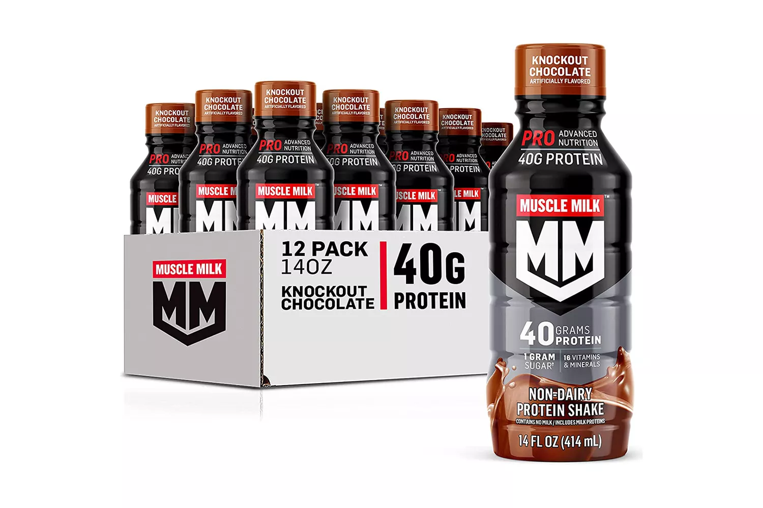 A 12-pack of Muscle Milk Knockout Chocolate protein shakes containing 40g of protein.