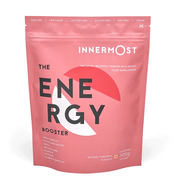 A container of Innermost The Energy Booster supplement.
