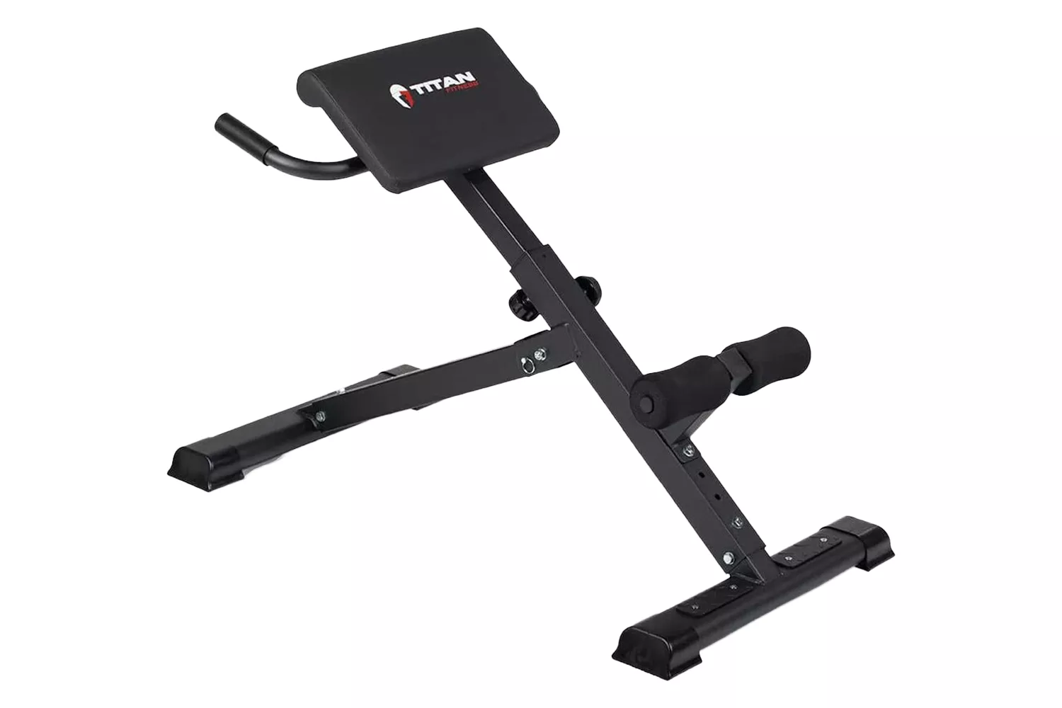 Titan Fitness back extension bench for core and posterior chain strengthening against a white background.