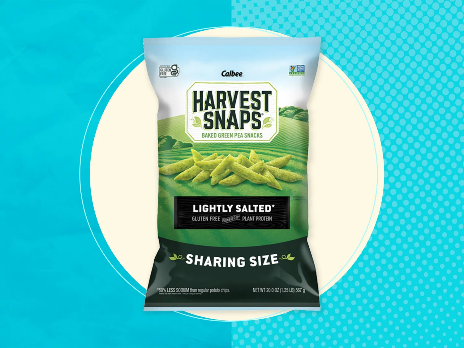 A bag of Harvest Snaps Green Pea Snacks.