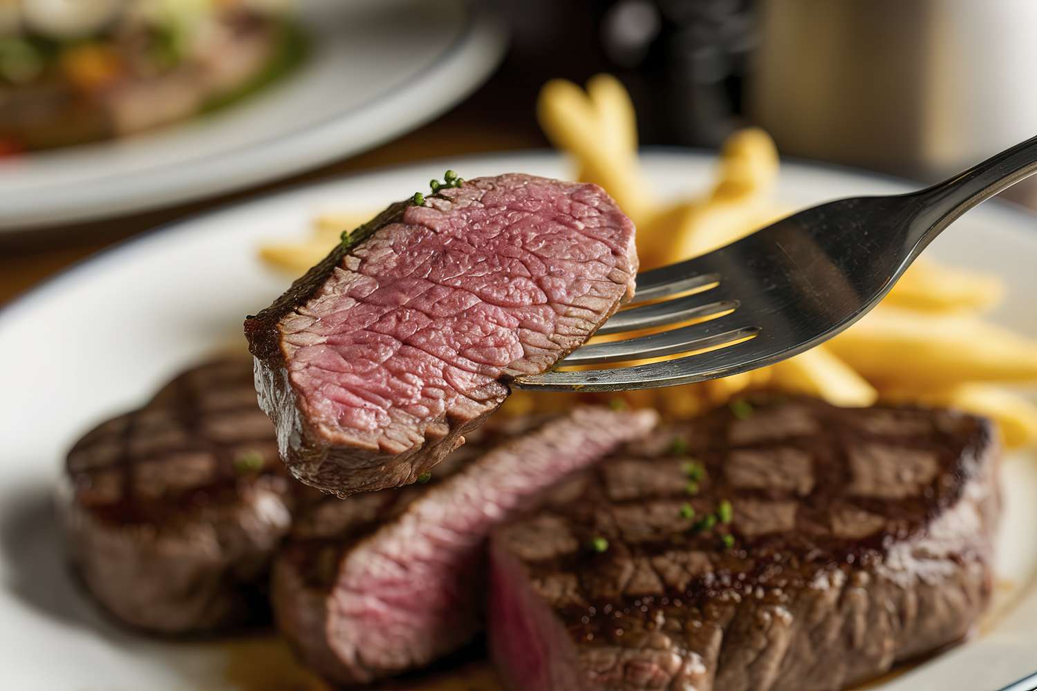 A forked piece of medium-cooked steak with fries in the background.