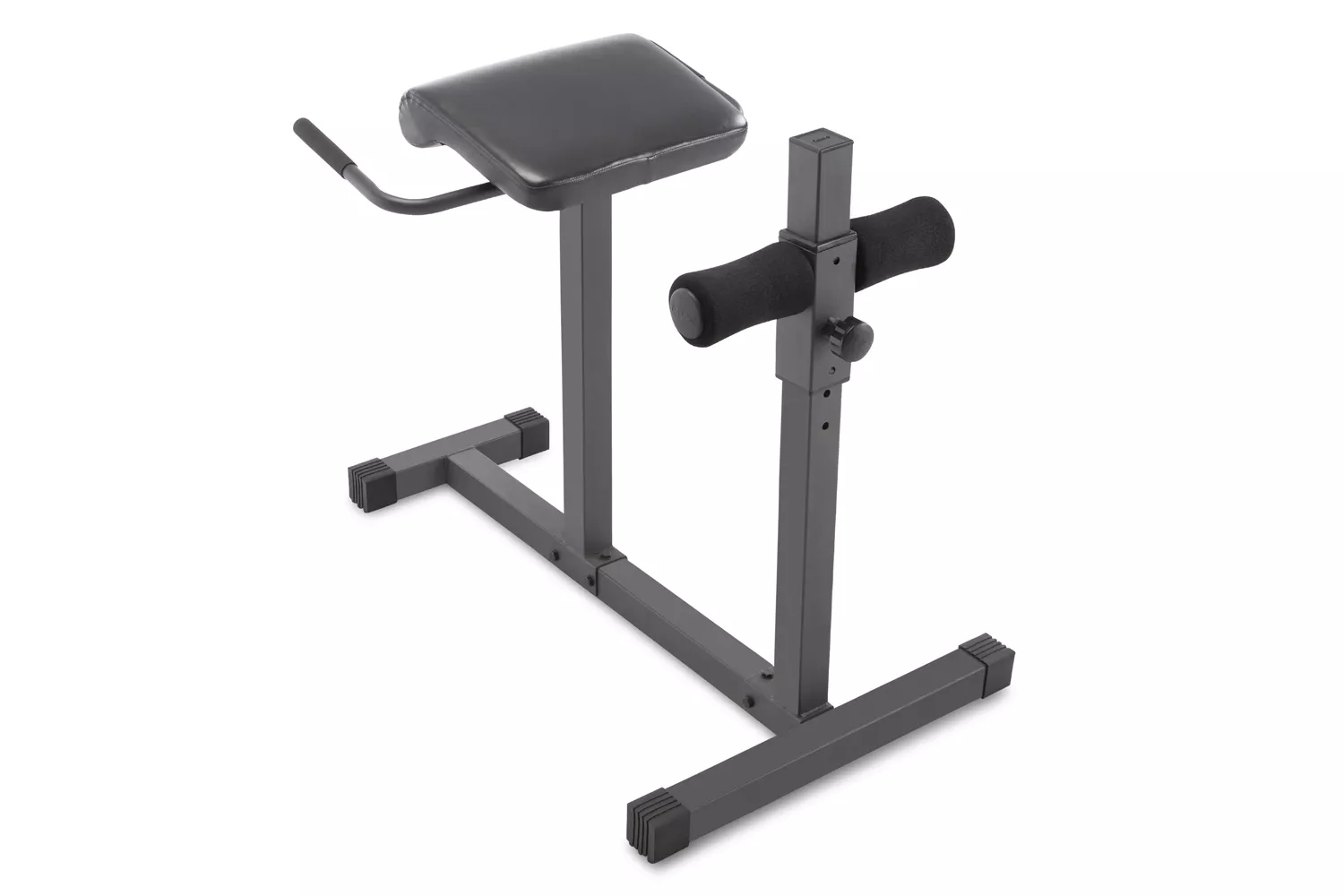 A black Marcy adjustable hyperextension Roman chair for glute and back exercises, featuring a padded seat and foam rollers on a white background.