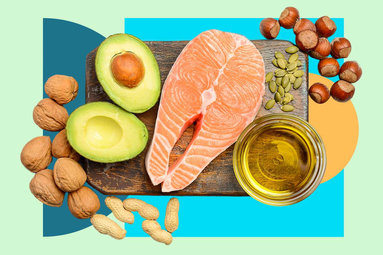 Top-down view of fatty fish and nuts, which are primary sources of EPA and DHA.