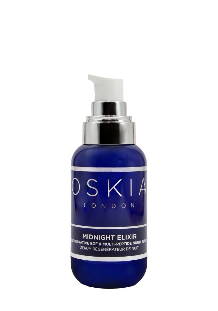 Overnight skincare products and a sleep supplement bottle on a nightstand.