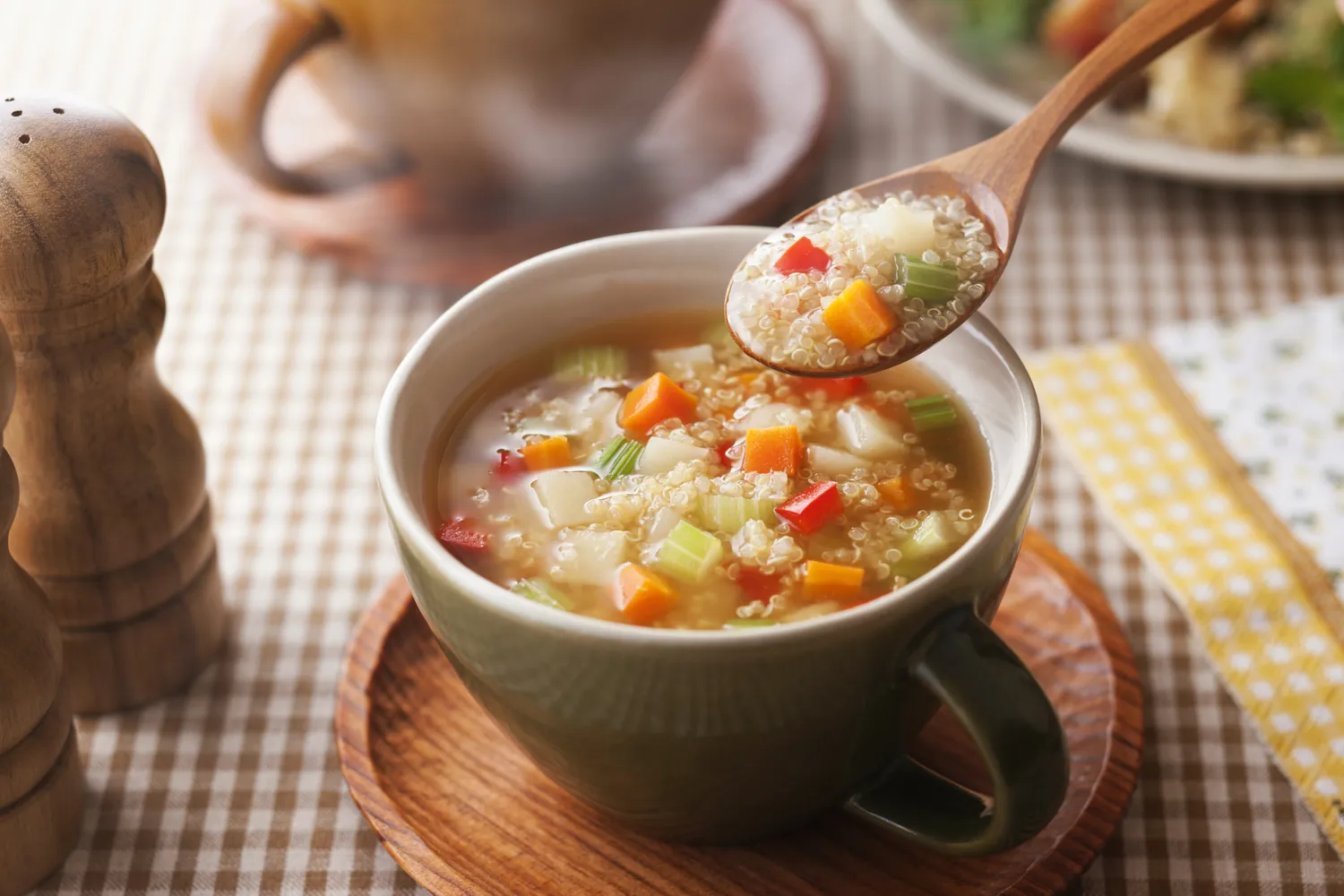 Close-up of a quinoa and vegetable soup.