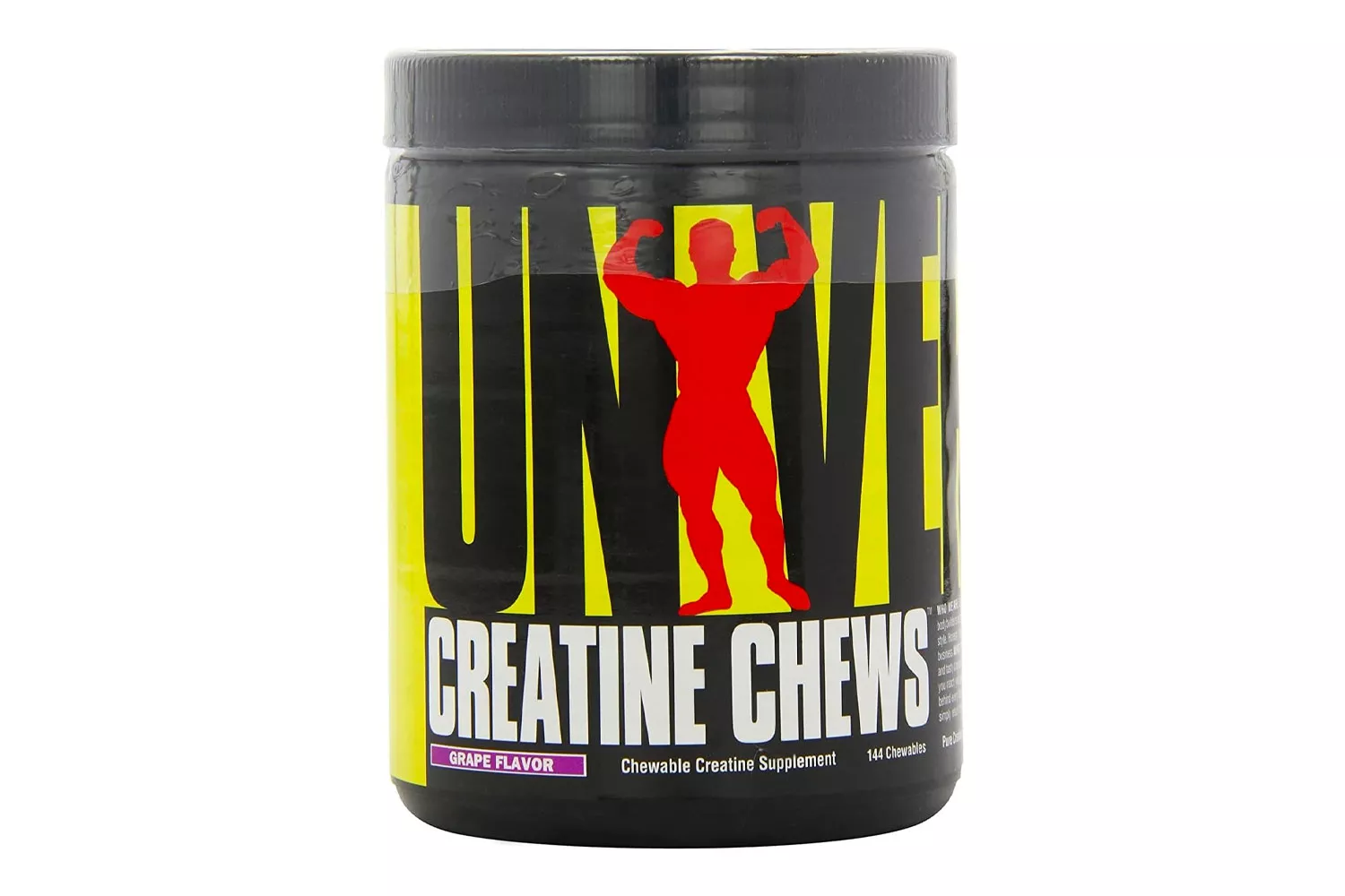 A black container of Universal Nutrition Creatine Chews in grape flavor.