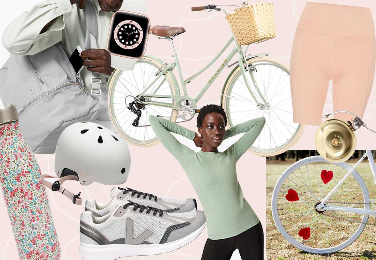 An arrangement of essential cycling gear, tools, and accessories for a safe commute.
