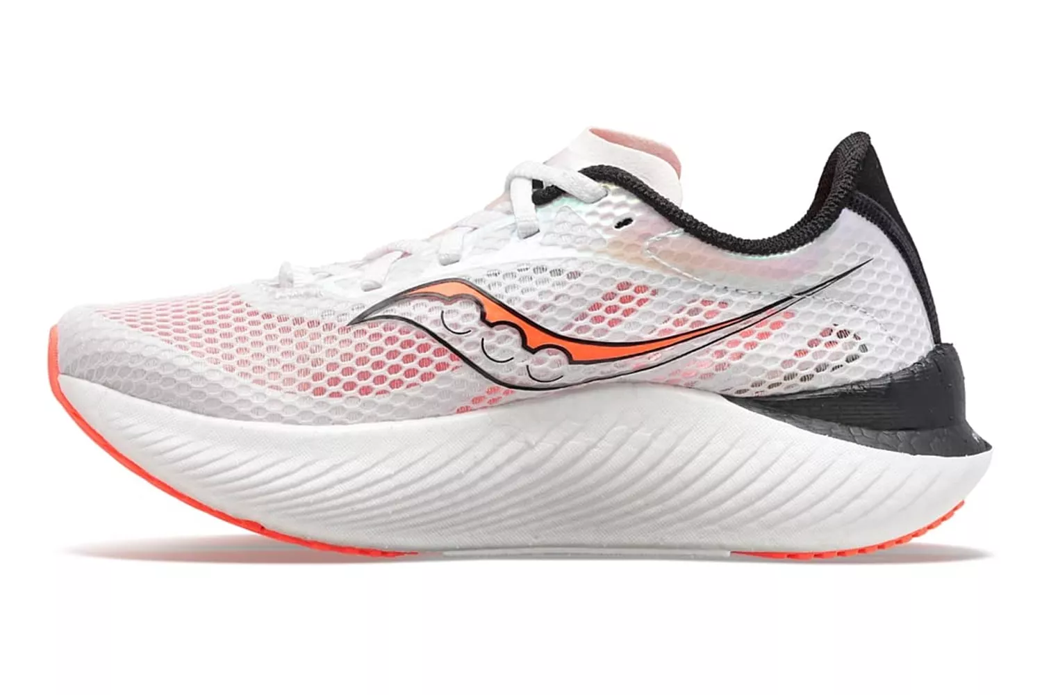 Side view of a Saucony Endorphin Pro 3, a performance racing shoe with a carbon-fiber plate.