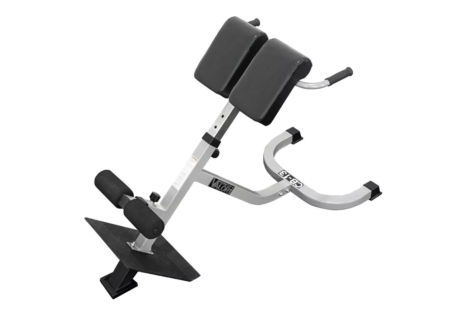 Valor Fitness CB-13 adjustable back extension machine designed for lower back and glute exercises with foot straps.