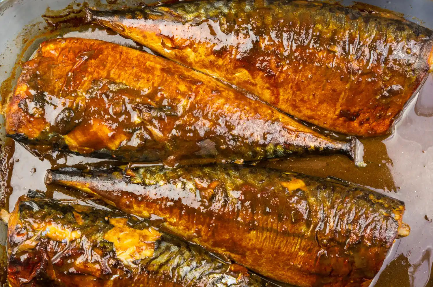 Four baked mackerel fish in a roasting pan with a savory glaze.