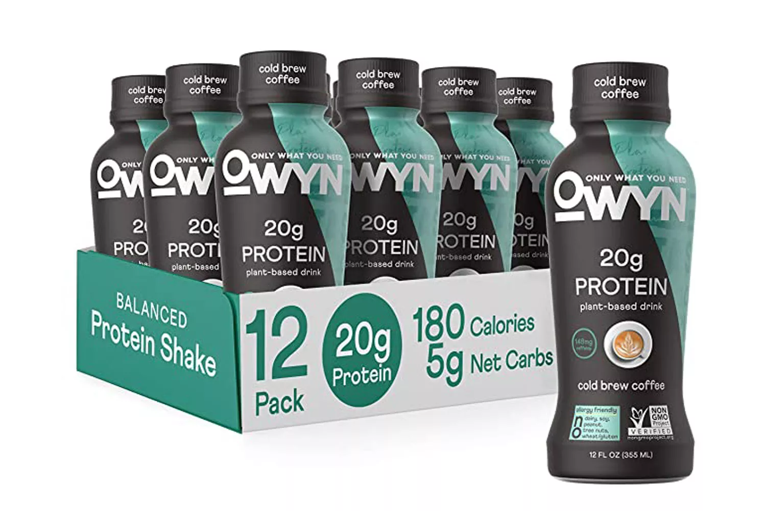 OWYN cold brew coffee flavored plant-based protein shake with nutritional facts visible.