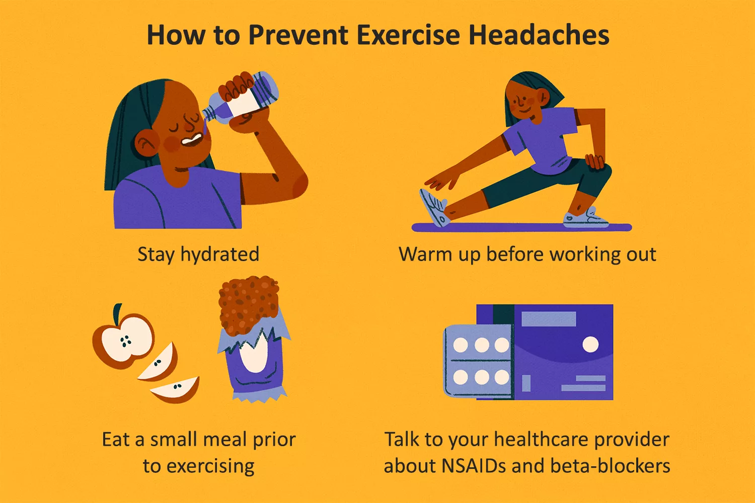 An infographic illustrating four ways to prevent exercise headaches: staying hydrated, warming up with stretches, eating a small meal, and consulting a healthcare provider.